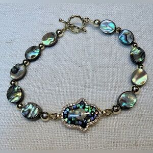 Iridescent rainbow Abalone shell bracelet,Hamsa hand charm,gold plated beads.